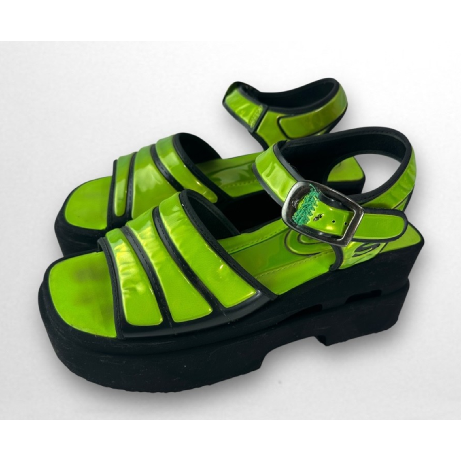 *Damaged* Rare Vtg 90s Skechers Platform Lime Green Chunky Sandals 10 Y2k Rave
